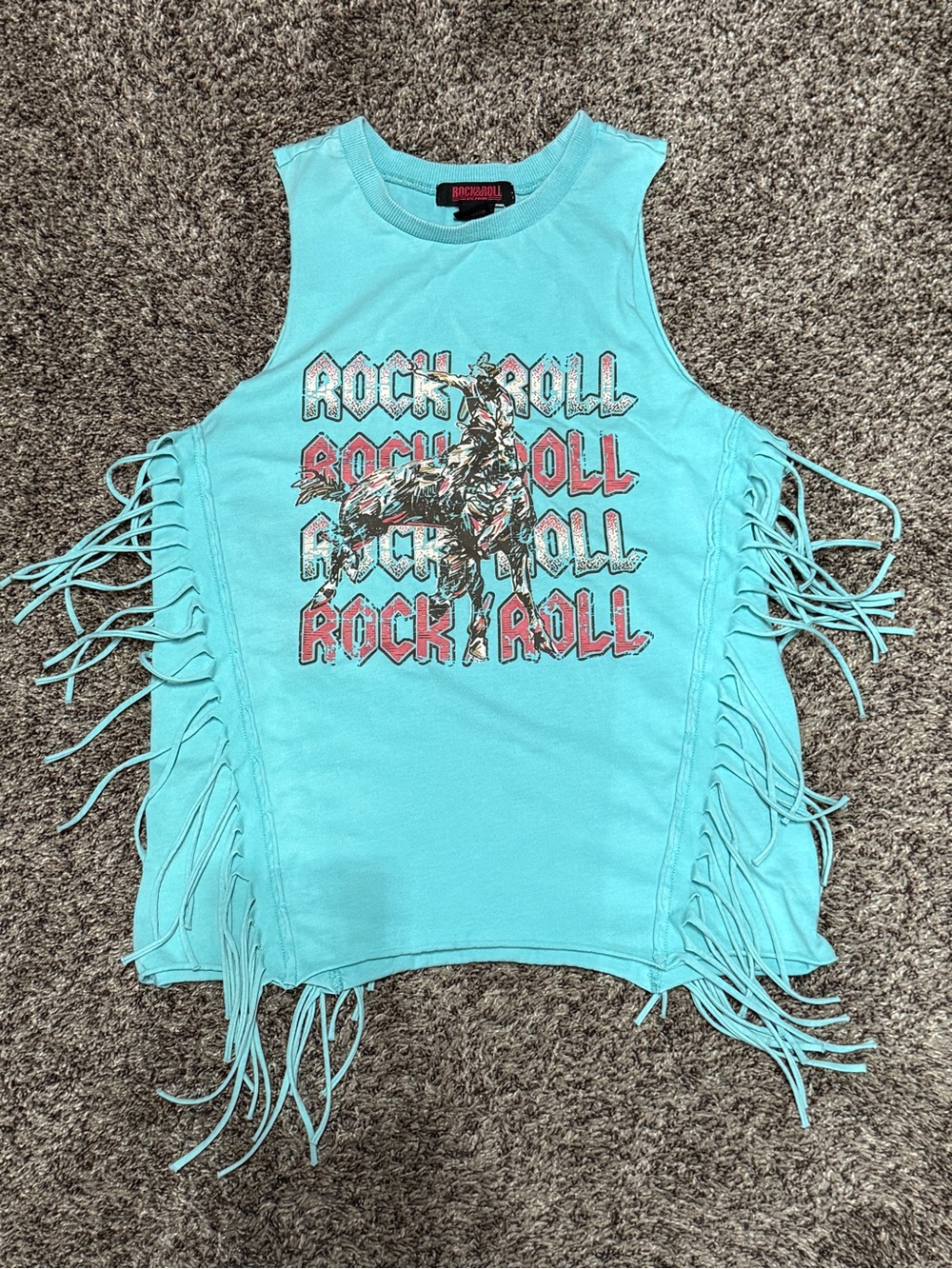 Rock & Roll Fringe Tank Top - Aqua Western Bronc Rodeo Cowgirl
